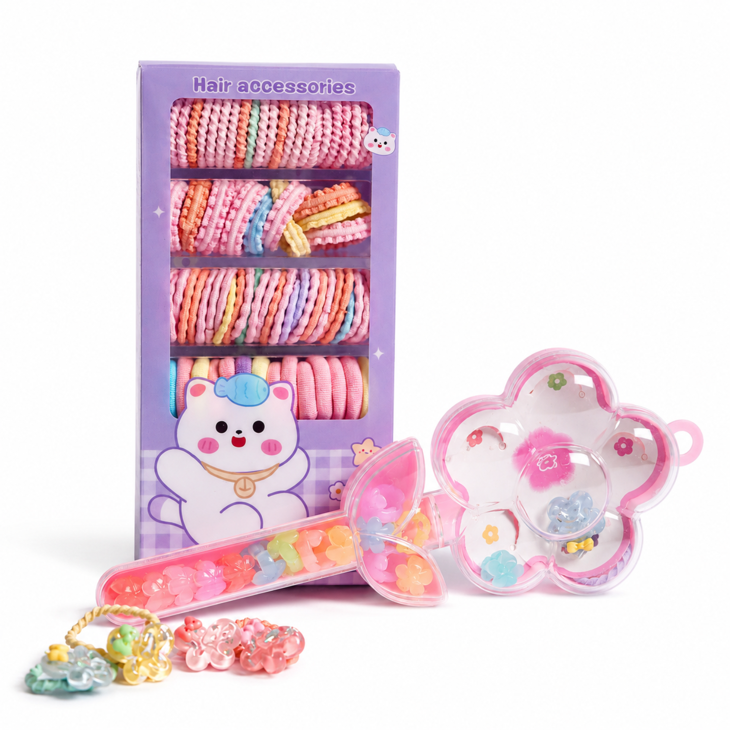 Hair Accessories Kit for Girls with Magic Wand | 80+ Cute Hair Accessories Set with Soft Hair Ties, Mini Hair Clips, Rubber Bands & Flower Storage Box