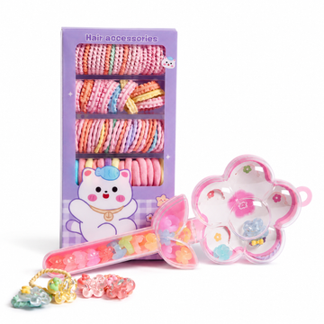 Hair Accessories Kit for Girls with Magic Wand | 80+ Cute Hair Accessories Set with Soft Hair Ties, Mini Hair Clips, Rubber Bands & Flower Storage Box
