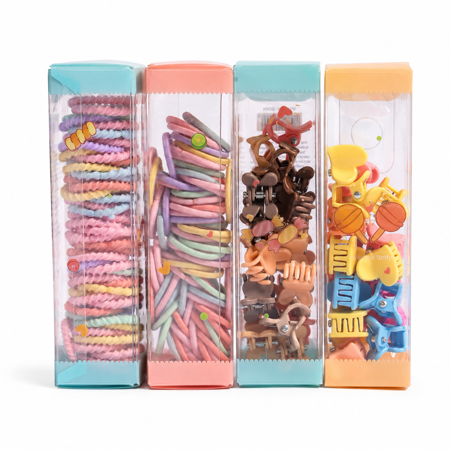 Hair Band & Mini Hair Clip Set for Girls | Pack of 4 Organizer Boxes with Soft Elastic Hair Bands, Spiral Hair Ties & Cute Claw Clips | Hair Accessories Storage Set