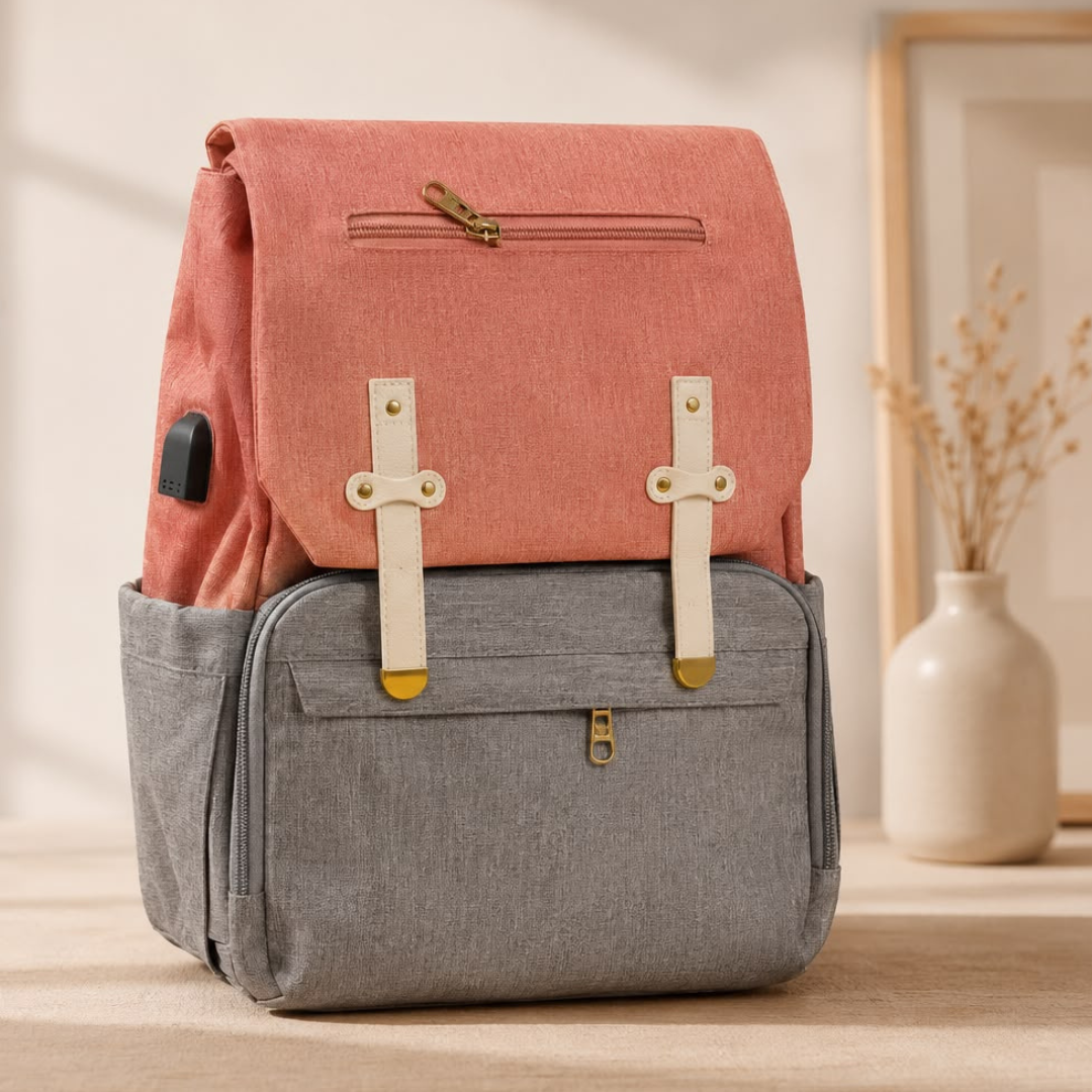 Premium Baby Diaper Backpack | Coral Pink & Grey | Waterproof | Large Capacity | USB Charging Port | Multi-Functional Travel Nappy Bag