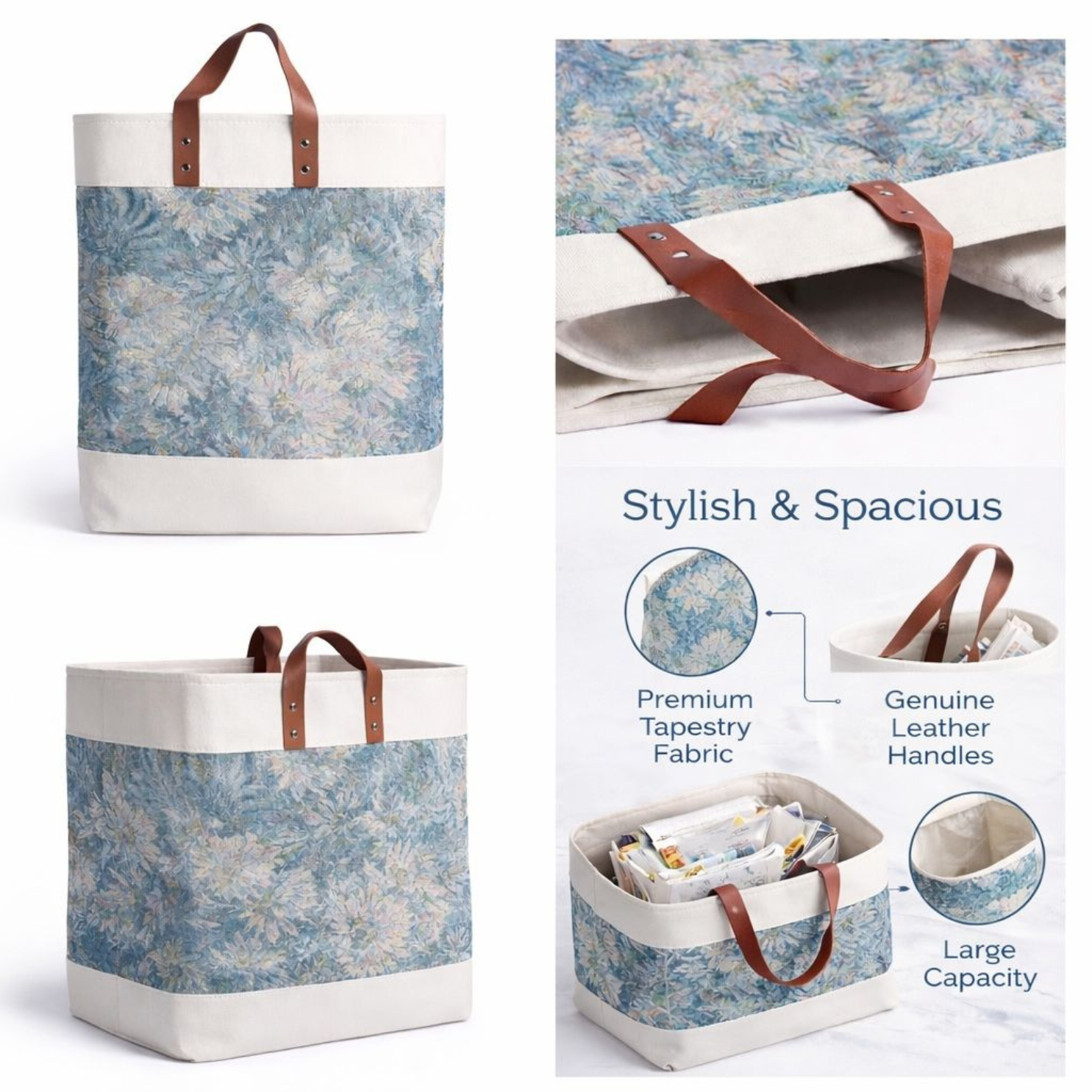 Floral Canvas Laundry Basket with Premium Leather Handles