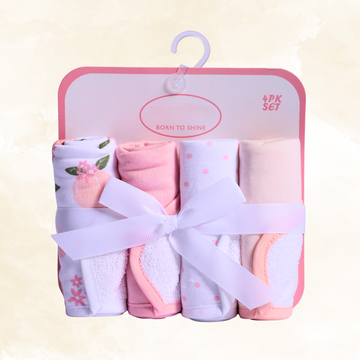 Snugly Baby 4 PCS Muslin Cotton Baby Washcloth & Face Towel Set Pink & White
