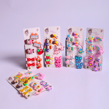 Kids Hair Clips Combo Pack of 6 (Random Design) | Cute Cartoon Hair Clips, Hair Ties & Elastic Bands Set