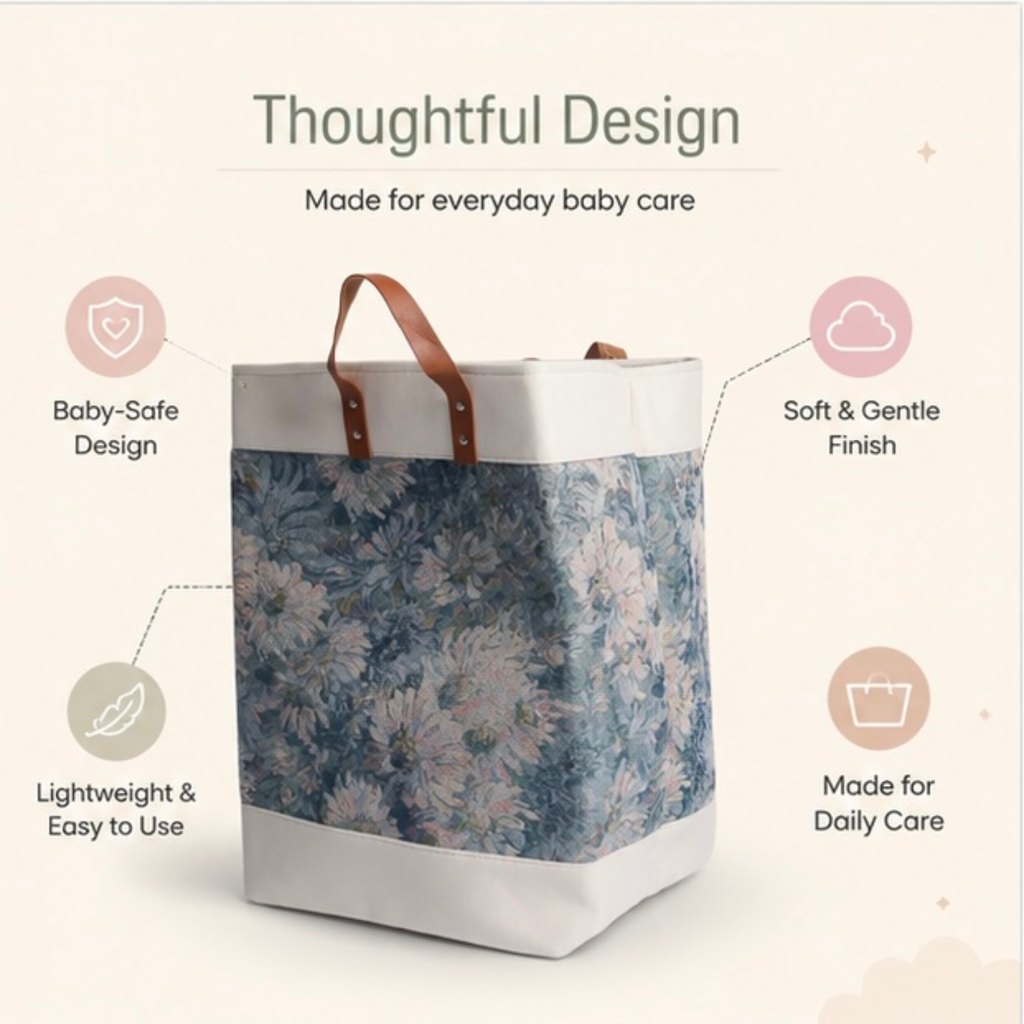 Floral Canvas Laundry Basket with Premium Leather Handles