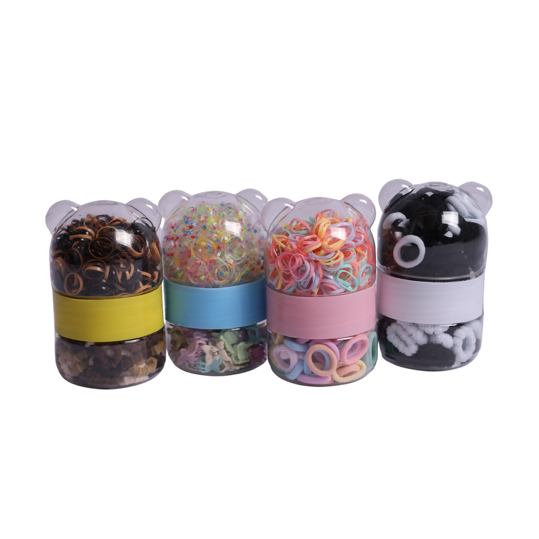 Elastic Hair Bands Set for Girls & Women | 4 Bear Storage Bottles with Multicolor Hair Elastics, Mini Rubber Bands & Cute Hair Clips | Soft No-Damage Hair Accessories Organizer