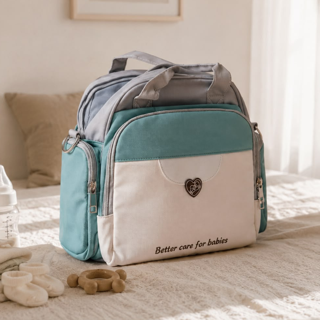 Premium Baby Diaper Tote Bag | Multi-Functional Mommy Bag | Large Capacity | Waterproof Travel Nappy Bag (Mint Green & Grey)