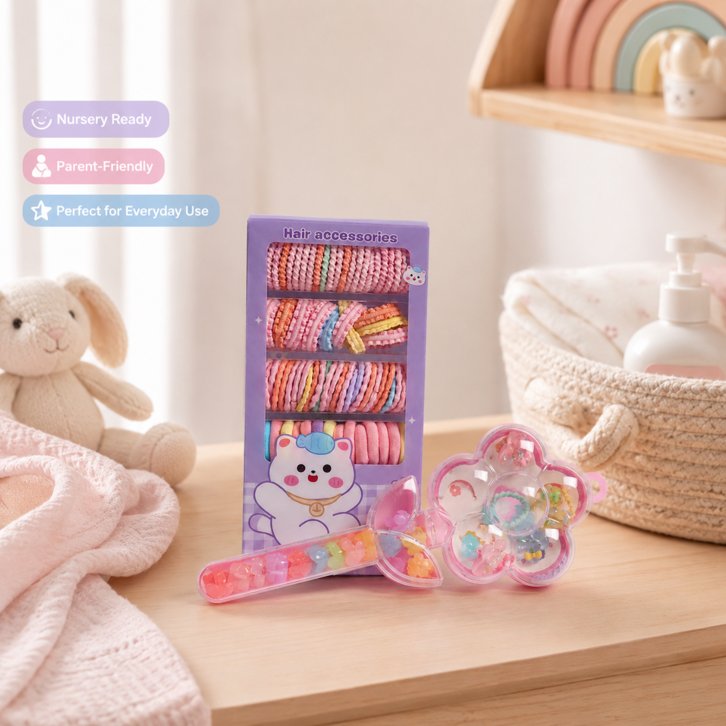 Hair Accessories Kit for Girls with Magic Wand | 80+ Cute Hair Accessories Set with Soft Hair Ties, Mini Hair Clips, Rubber Bands & Flower Storage Box