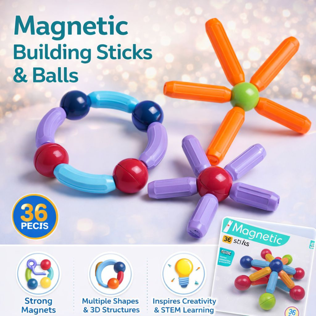 Magnetic Building Sticks & Balls 36 PCS for Kids | STEM Educational Magnetic Construction Toy Set