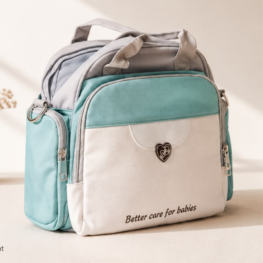 Premium Baby Diaper Tote Bag | Multi-Functional Mommy Bag | Large Capacity | Waterproof Travel Nappy Bag (Mint Green & Grey)