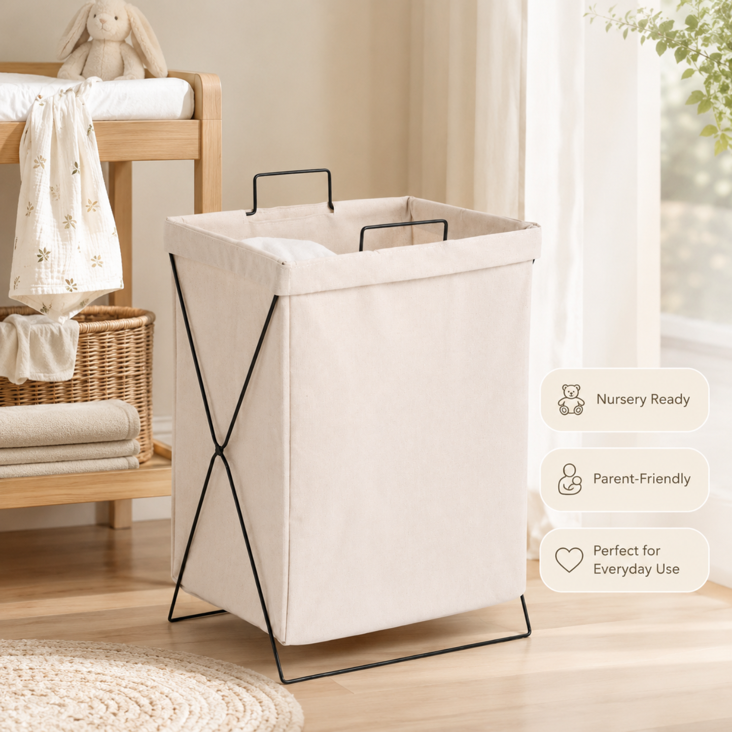 Canvas Laundry Hamper Basket with Metal Frame & Handles taraventures