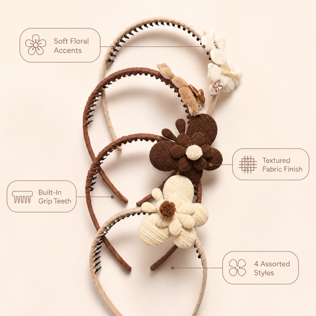 Knitted Flower Hairband for Girls & Women Random Pack of 4
