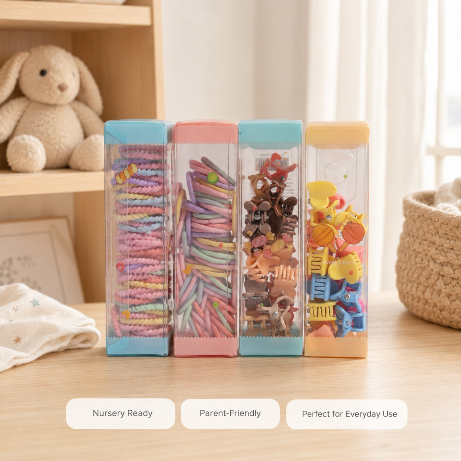 Hair Band & Mini Hair Clip Set for Girls | Pack of 4 Organizer Boxes with Soft Elastic Hair Bands, Spiral Hair Ties & Cute Claw Clips | Hair Accessories Storage Set