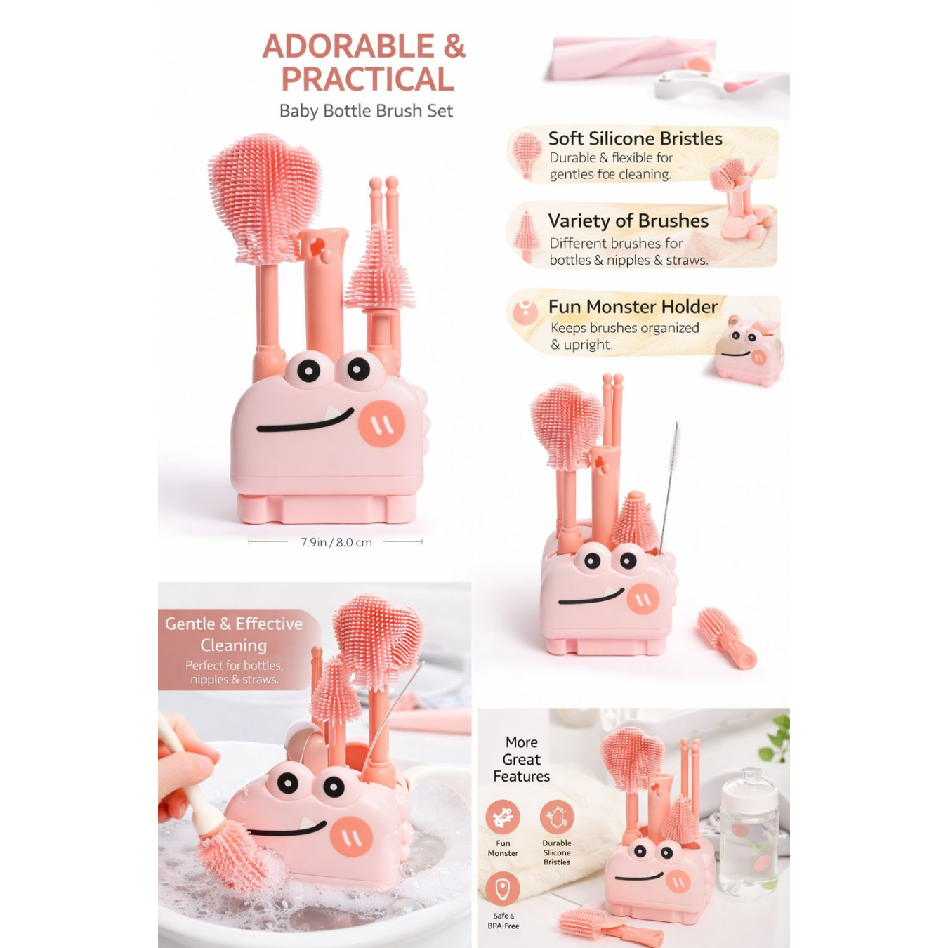 Baby Bottle Cleaning Brush Set with Silicone Bristles & Cute Holder Stand
