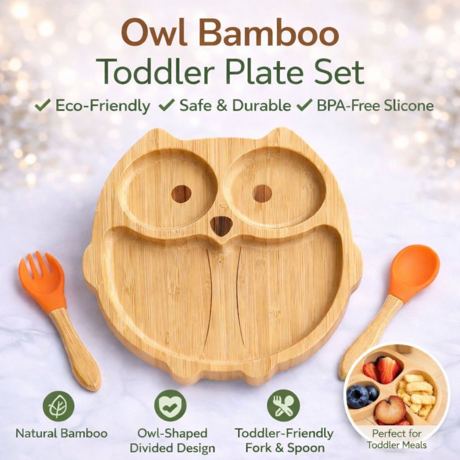 Bamboo Owl Shaped Suction Plate for Babies & Toddlers Natural Bamboo Divided Plate | BPA-Free Baby Plate taraventures