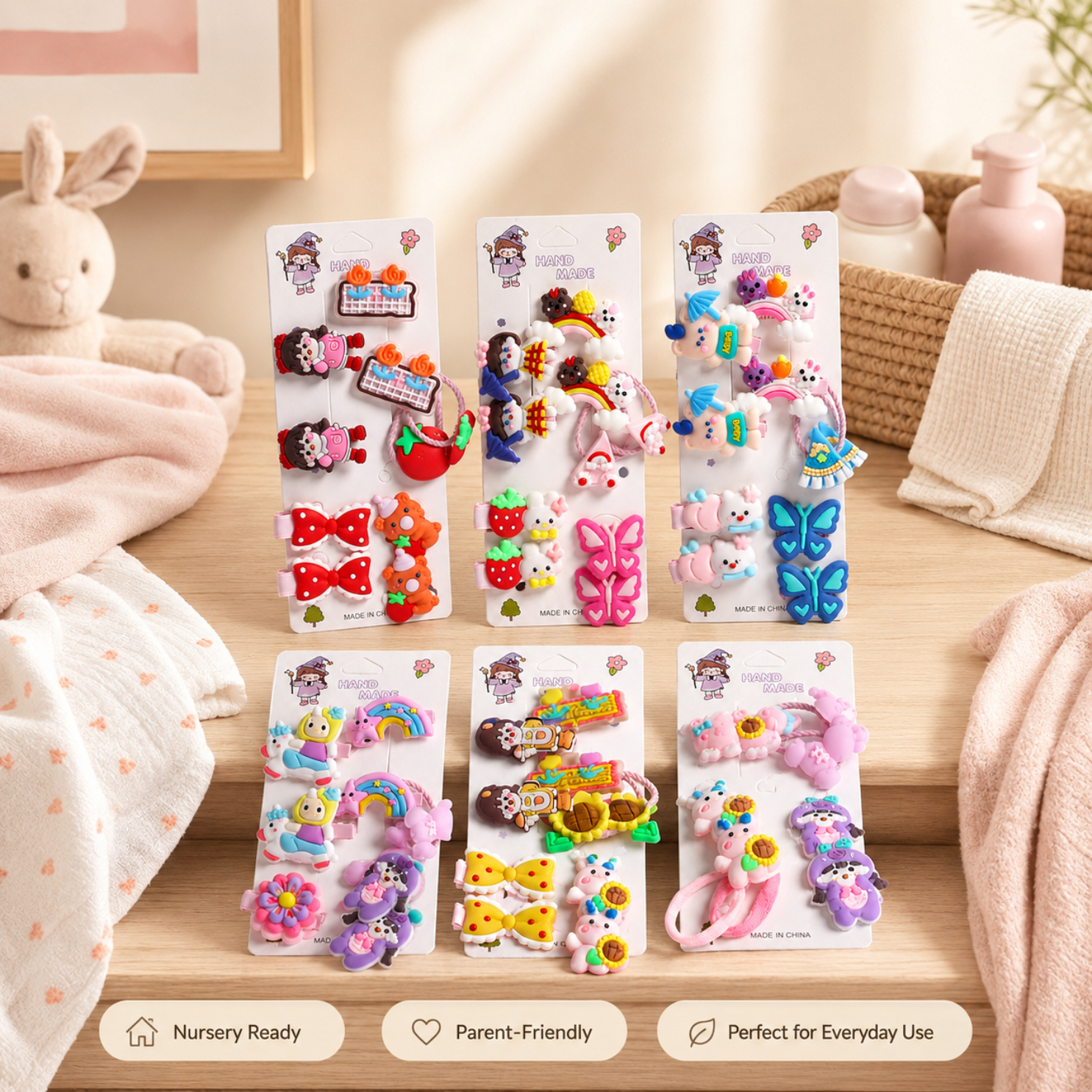 Kids Hair Clips Combo Pack of 6 (Random Design) | Cute Cartoon Hair Clips, Hair Ties & Elastic Bands Set