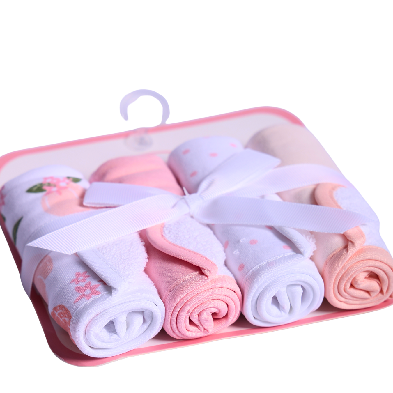 Snugly Baby 4 PCS Muslin Cotton Baby Washcloth & Face Towel Set Pink & White
