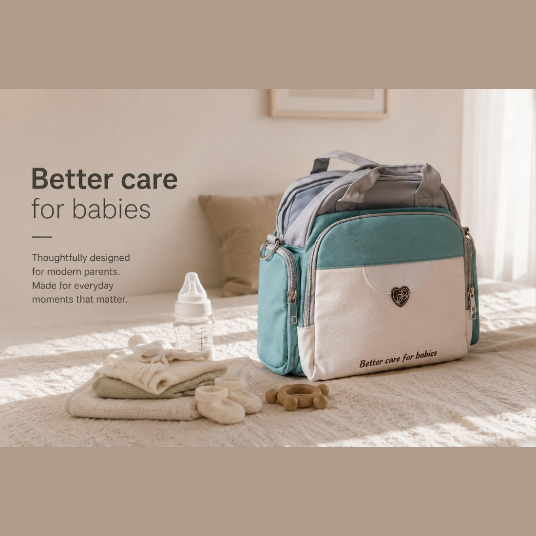 Premium Baby Diaper Tote Bag | Multi-Functional Mommy Bag | Large Capacity | Waterproof Travel Nappy Bag (Mint Green & Grey)