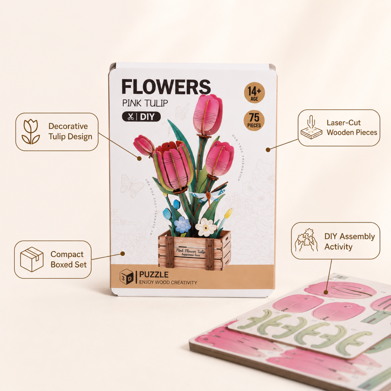 3D Flower Puzzle DIY Wooden Model Kit – Pack of 1 Random Flower Design
