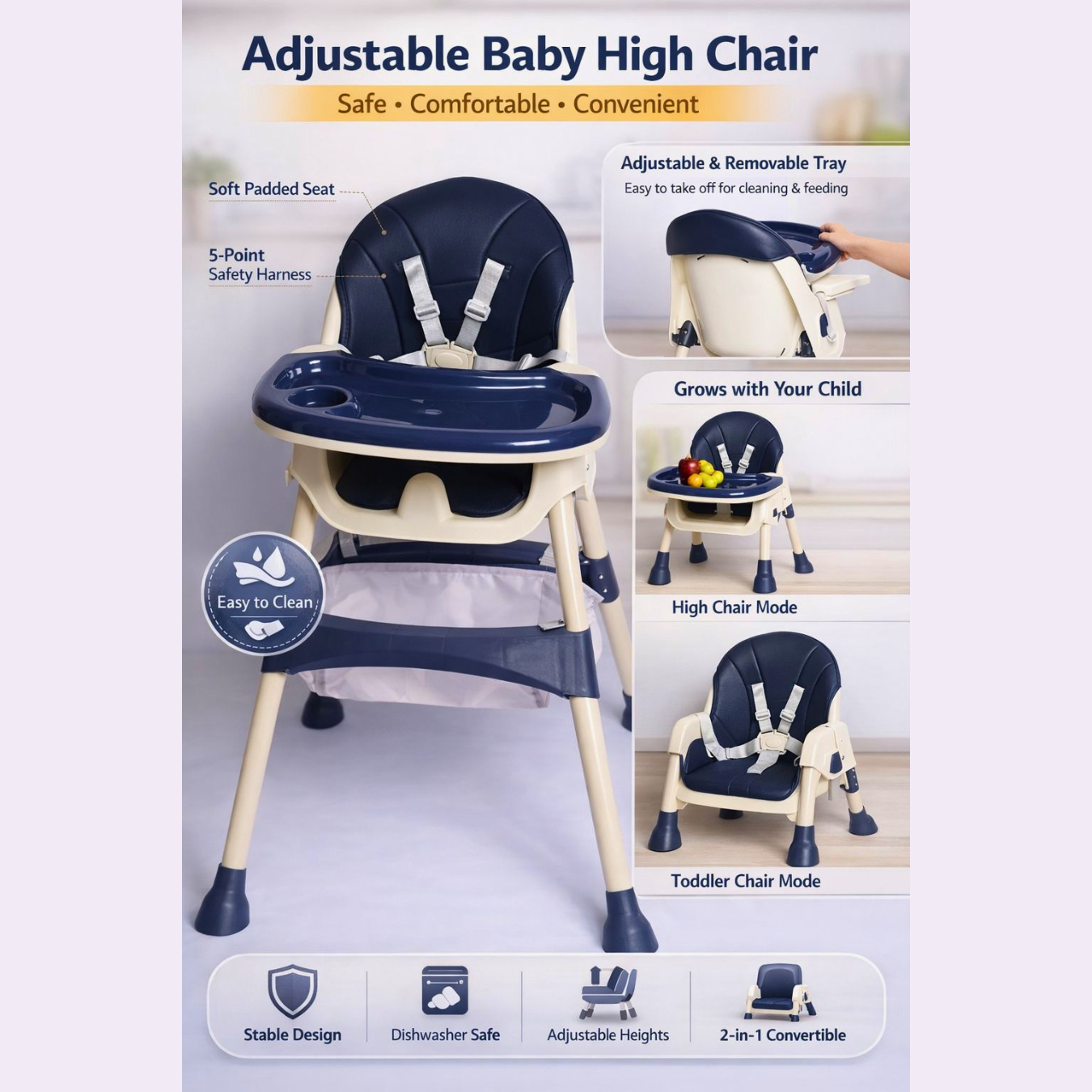 4-in-1 Convertible Baby High Chair with Removable Food Tray & 5-Point Safety Harness