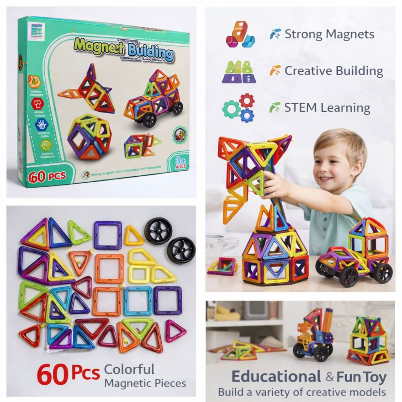 Tara Ventures 60 PCS Magnetic Blocks for Kids | Magnetic Tiles Building Blocks Set