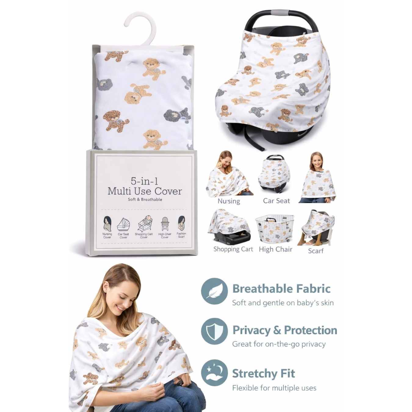 5-in-1 Multi Use Baby Car Seat Cover | Nursing Cover for Breastfeeding