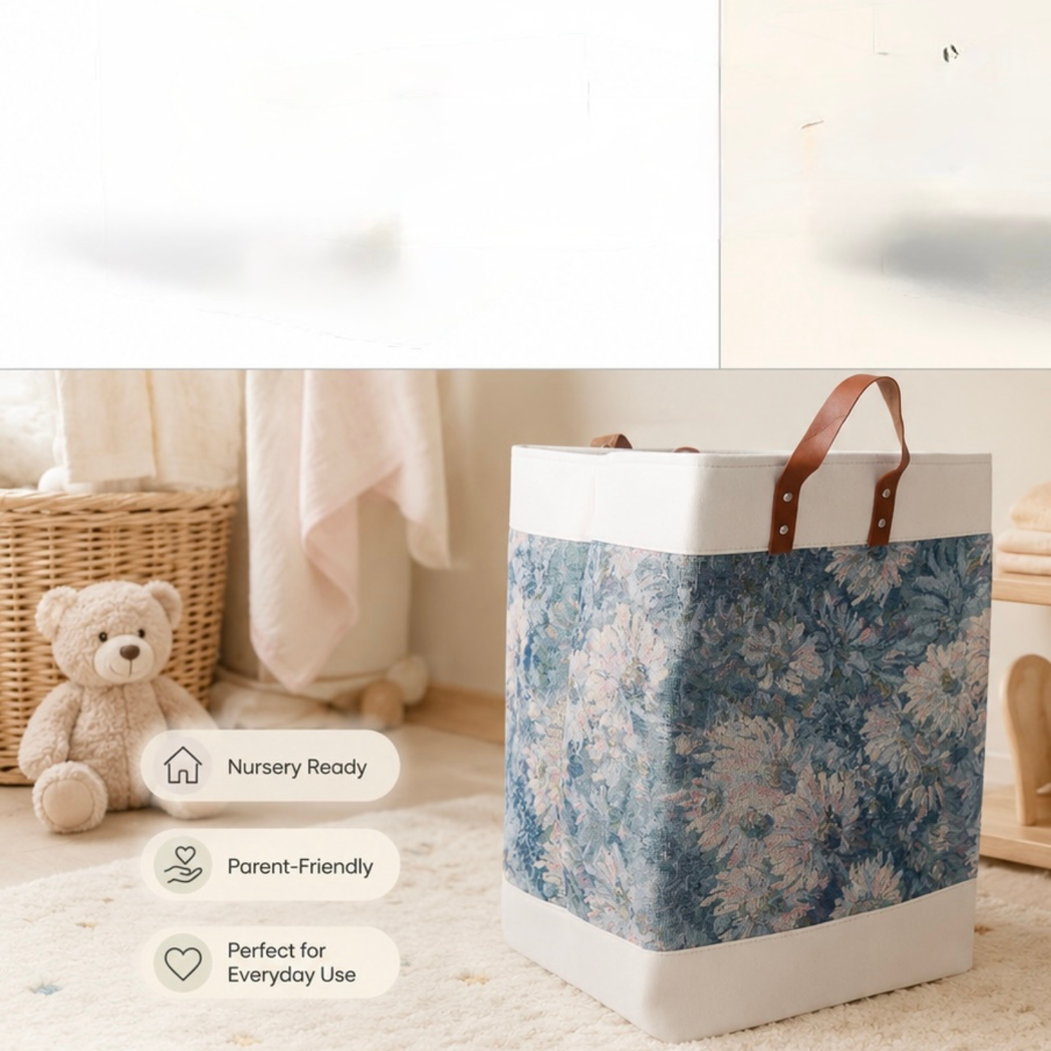 Floral Canvas Laundry Basket with Premium Leather Handles