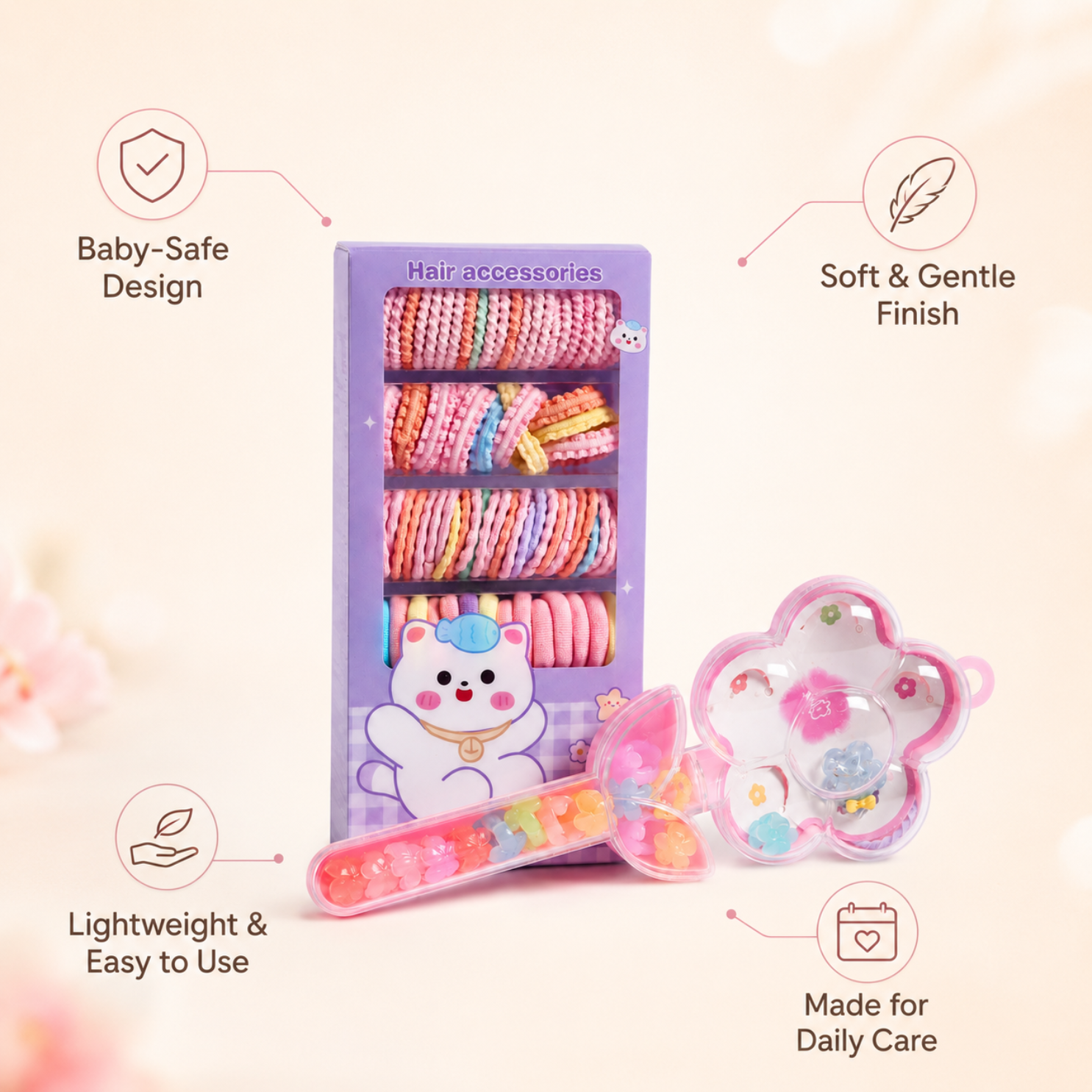 Hair Accessories Kit for Girls with Magic Wand | 80+ Cute Hair Accessories Set with Soft Hair Ties, Mini Hair Clips, Rubber Bands & Flower Storage Box