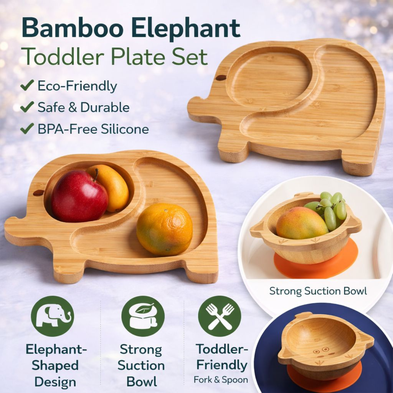 Elephant Bamboo Suction Plate for Babies & Toddlers BPA-Free Silicone Suction Base | Divided Kids Feeding Plate taraventures