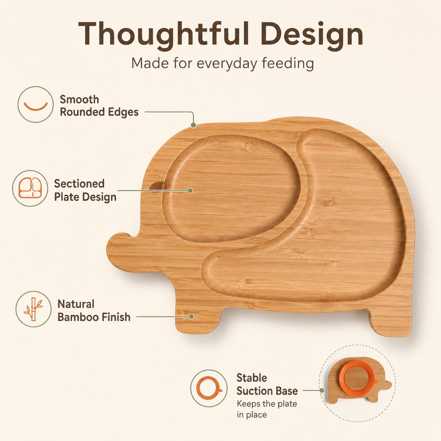 Elephant Bamboo Suction Plate for Babies & Toddlers BPA-Free Silicone Suction Base | Divided Kids Feeding Plate taraventures