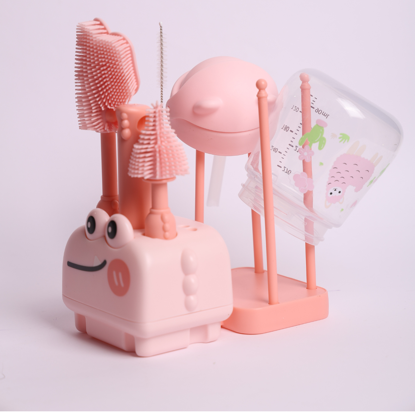 Baby Bottle Cleaning Brush Set with Silicone Bristles & Cute Holder Stand