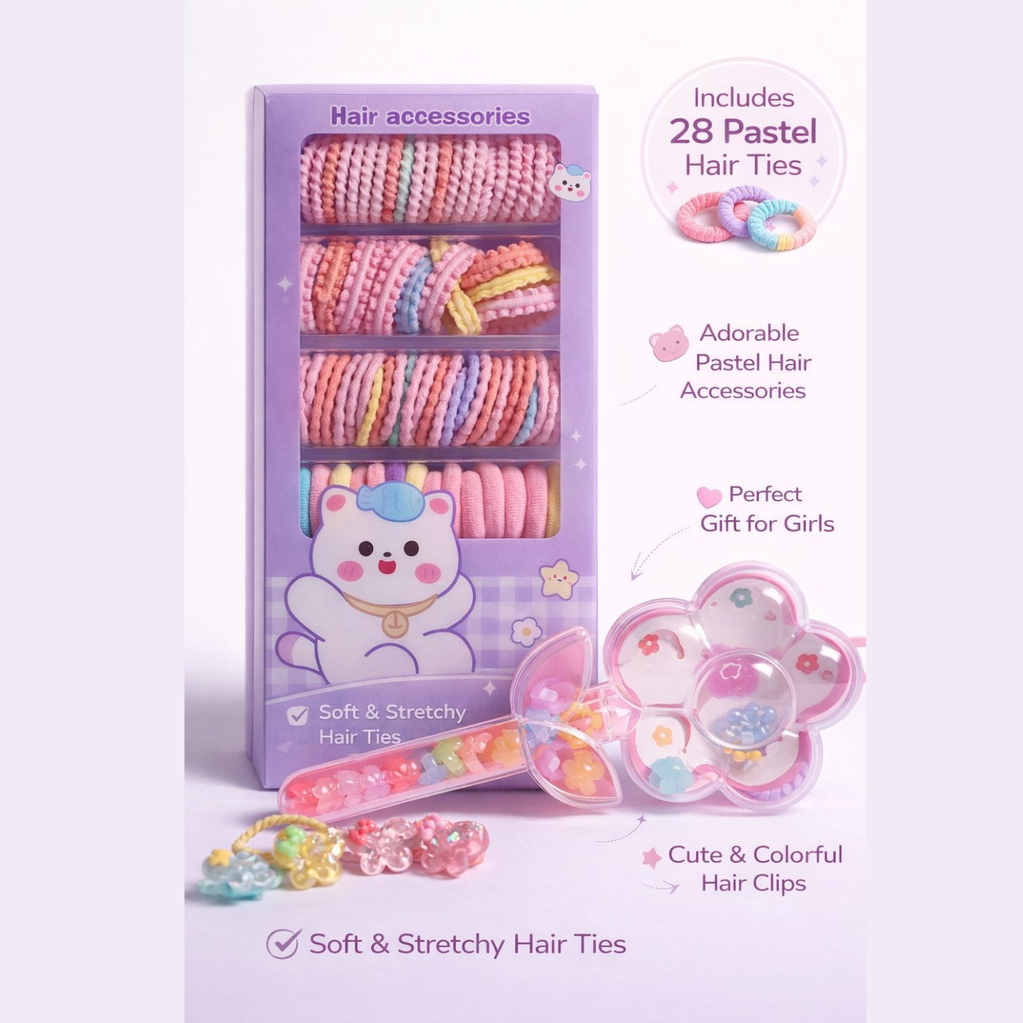 Hair Accessories Kit for Girls with Magic Wand | 80+ Cute Hair Accessories Set with Soft Hair Ties, Mini Hair Clips, Rubber Bands & Flower Storage Box