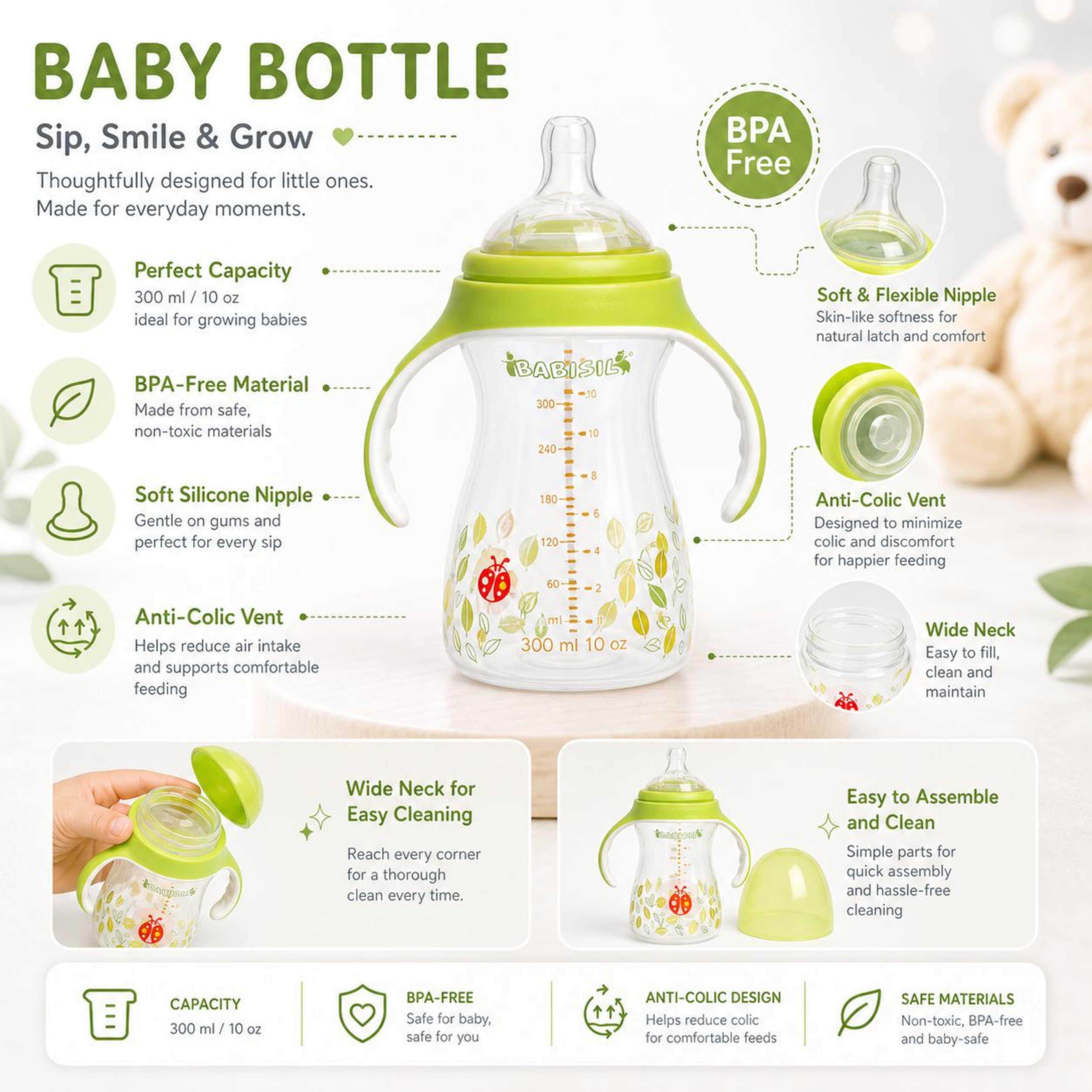 Babisafe Baby Milk Feeding Bottle with Handles 180ml