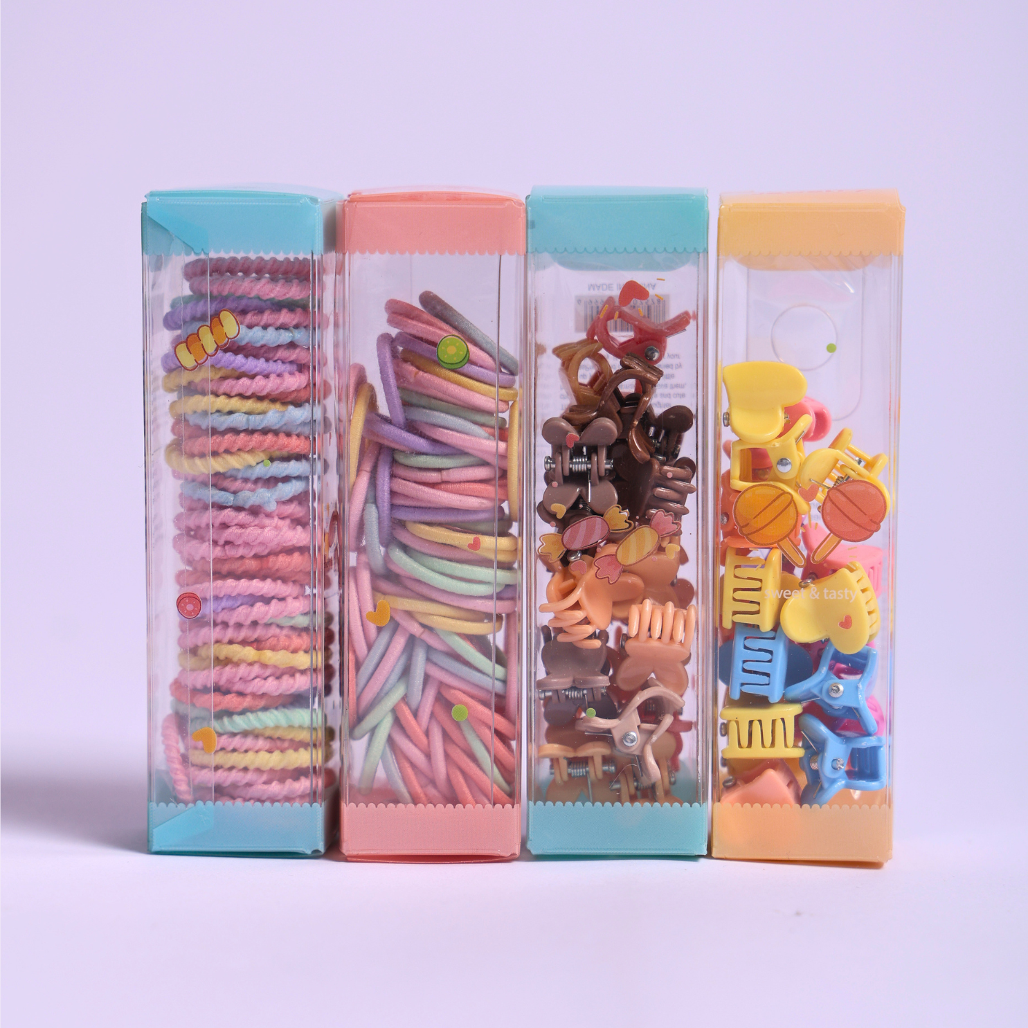 Hair Band & Mini Hair Clip Set for Girls | Pack of 4 Organizer Boxes with Soft Elastic Hair Bands, Spiral Hair Ties & Cute Claw Clips | Hair Accessories Storage Set