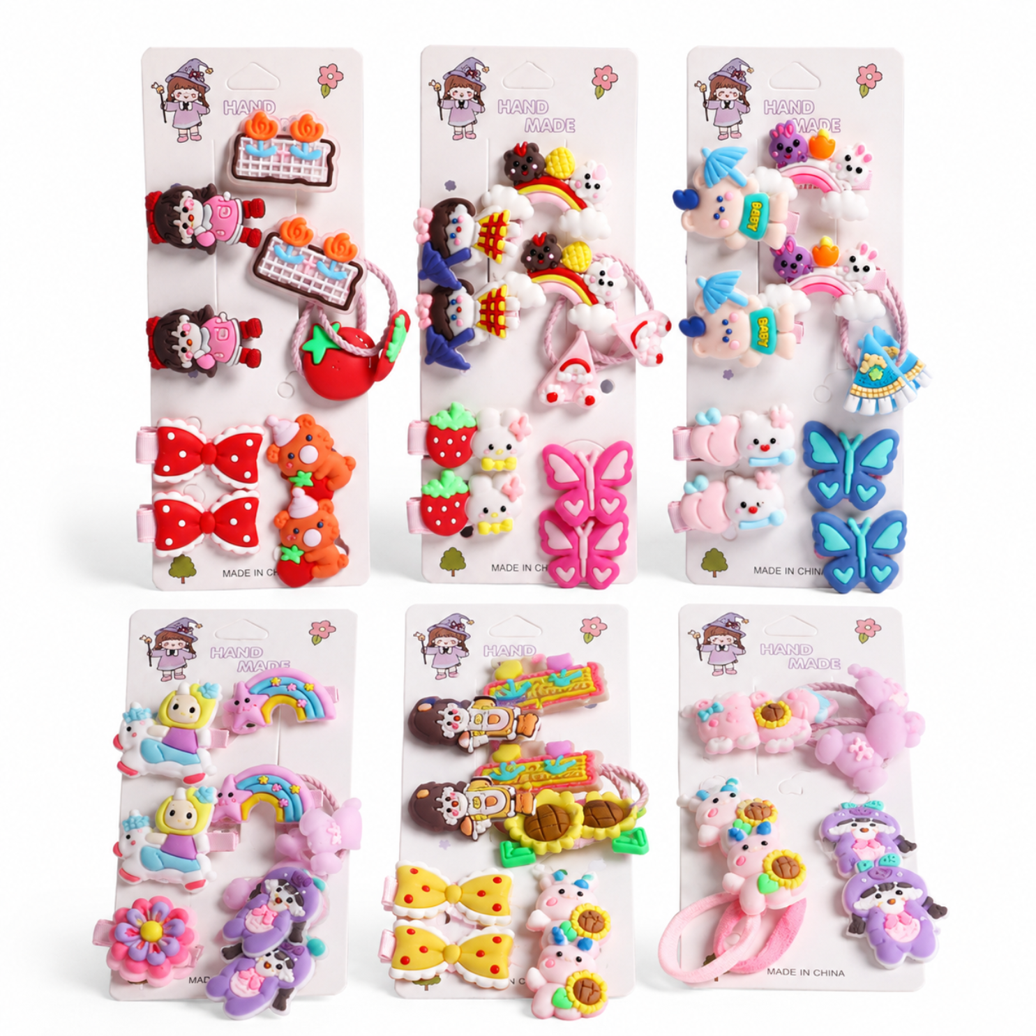 Kids Hair Clips Combo Pack of 6 (Random Design) | Cute Cartoon Hair Clips, Hair Ties & Elastic Bands Set