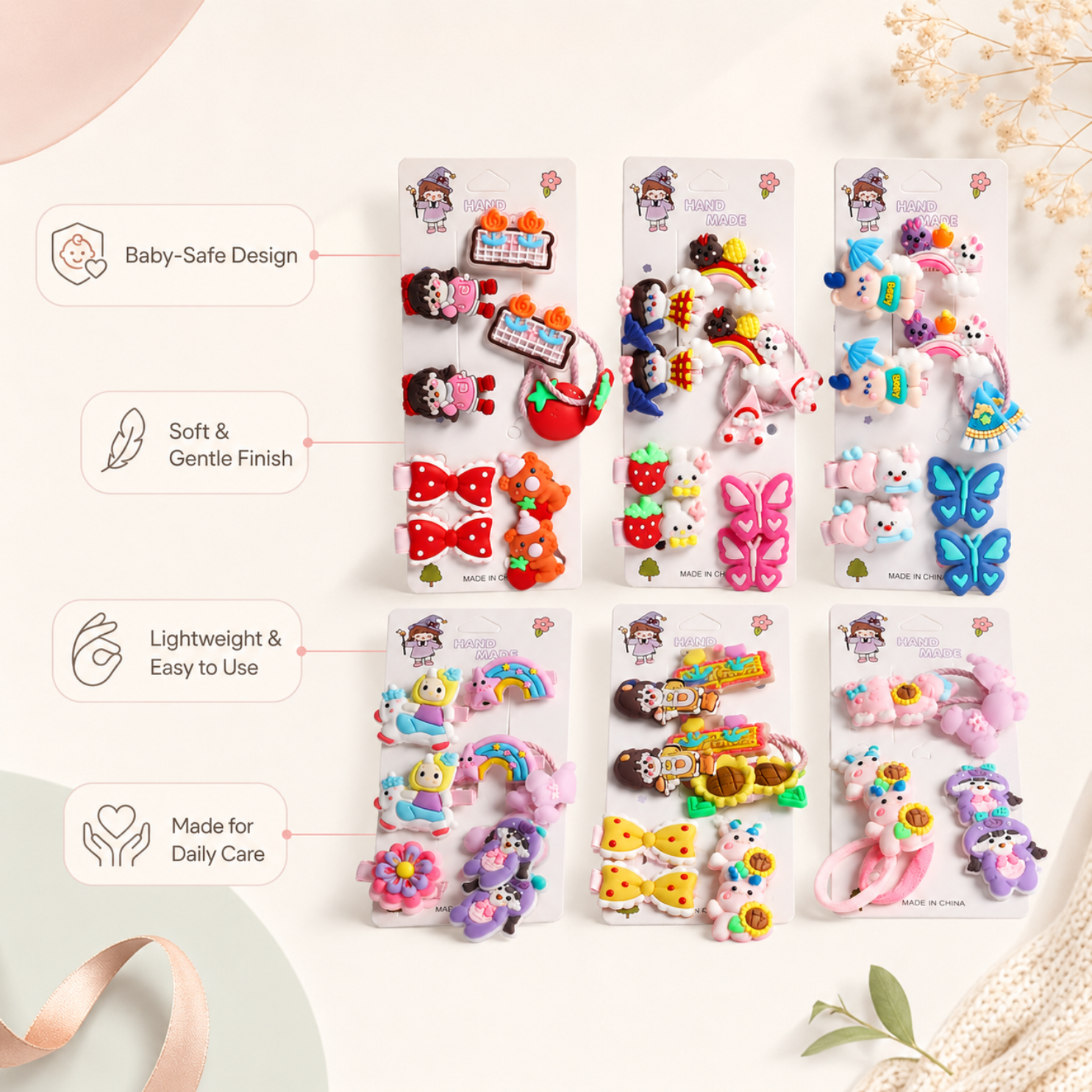 Kids Hair Clips Combo Pack of 6 (Random Design) | Cute Cartoon Hair Clips, Hair Ties & Elastic Bands Set