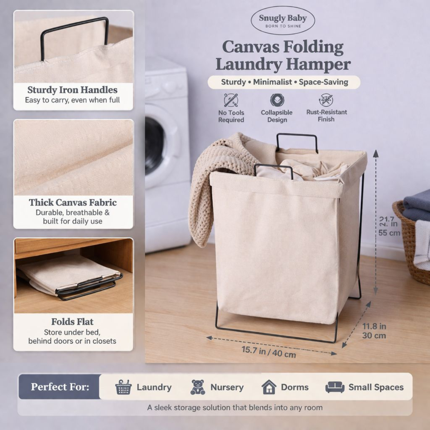 Canvas Laundry Hamper Basket with Metal Frame & Handles