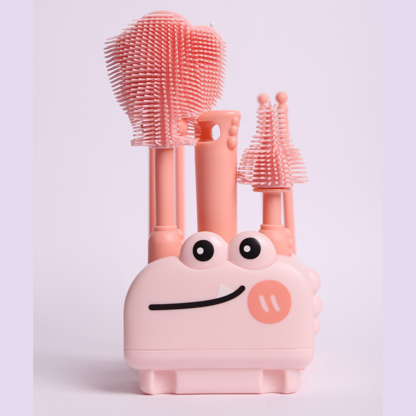 Baby Bottle Cleaning Brush Set with Silicone Bristles & Cute Holder Stand