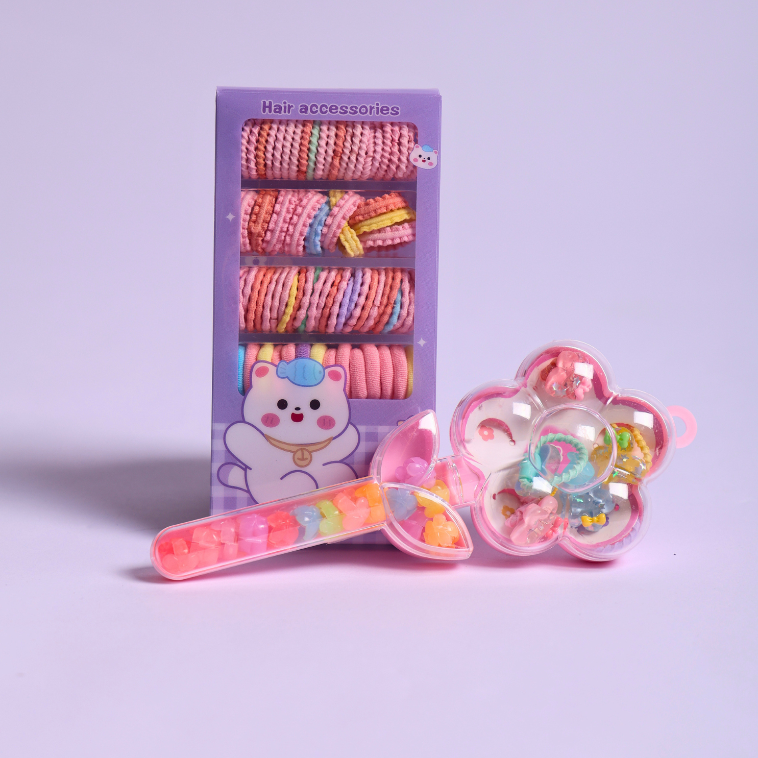 Hair Accessories Kit for Girls with Magic Wand | 80+ Cute Hair Accessories Set with Soft Hair Ties, Mini Hair Clips, Rubber Bands & Flower Storage Box