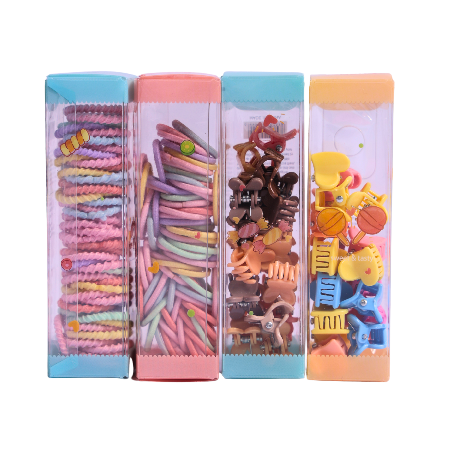 Hair Band & Mini Hair Clip Set for Girls | Pack of 4 Organizer Boxes with Soft Elastic Hair Bands, Spiral Hair Ties & Cute Claw Clips | Hair Accessories Storage Set