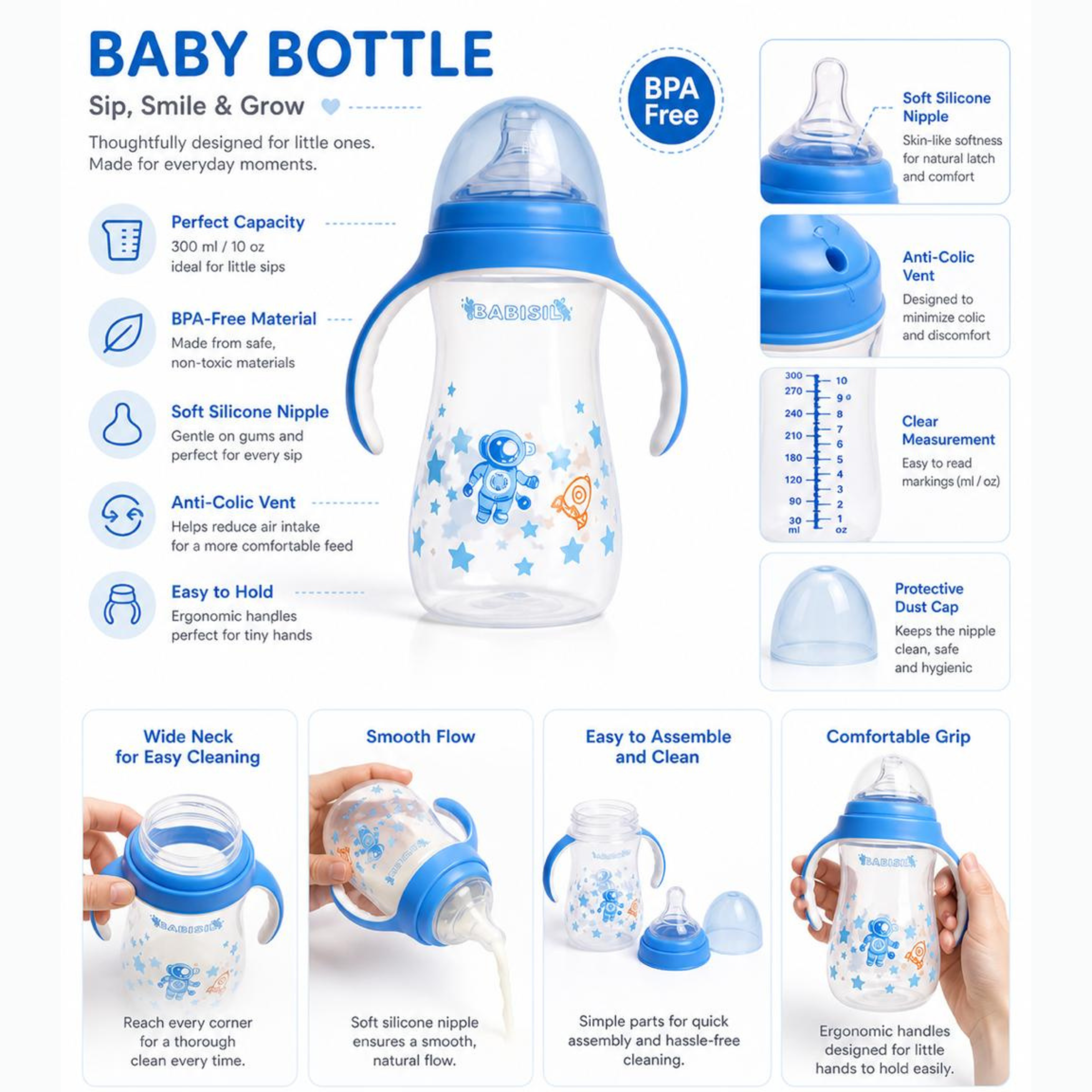Blue Baby Milk Feeding Bottle with Handles 180ml
