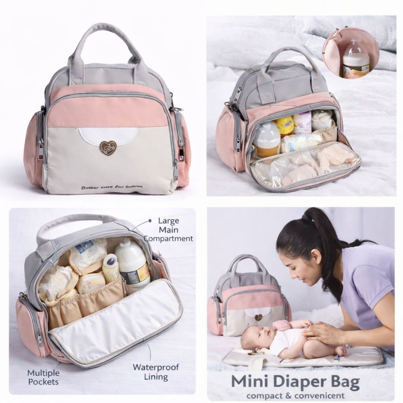 Heart Emblem Mini Diaper Bag for Mothers | Waterproof Multi-Compartment Baby Care Bag