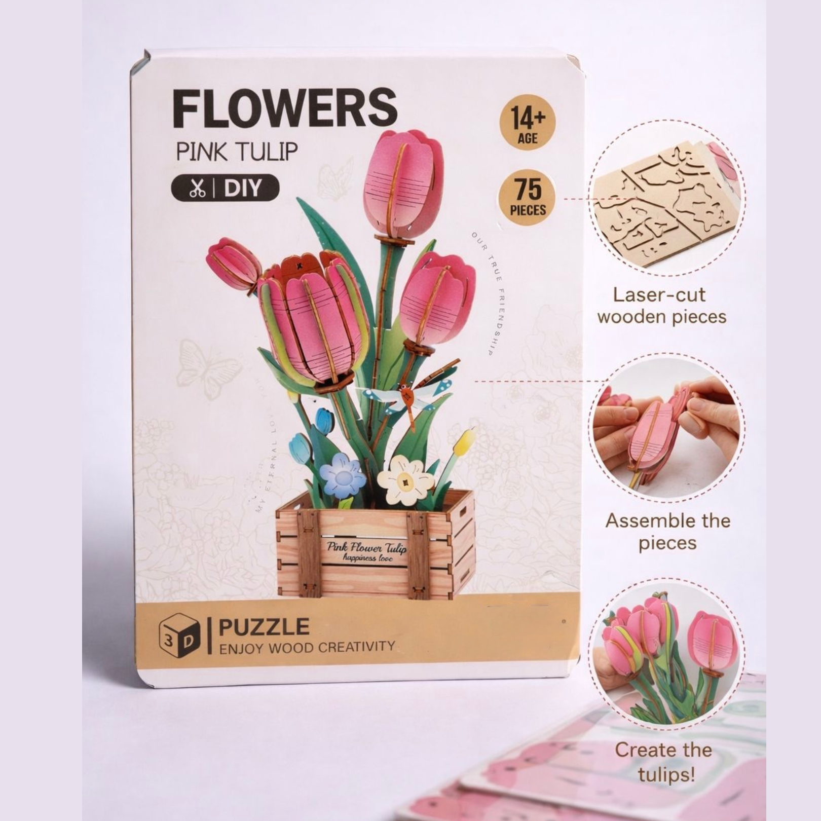3D Flower Puzzle DIY Wooden Model Kit – Pack of 1 Random Flower Design