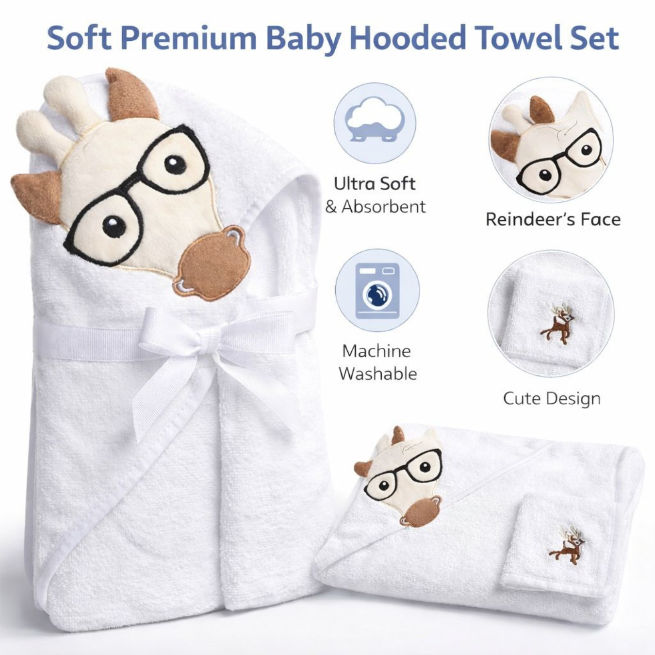 Deer Hooded Baby Towel with Washcloth Ultra Soft Cotton Hooded Bath Towel for Newborn Baby
