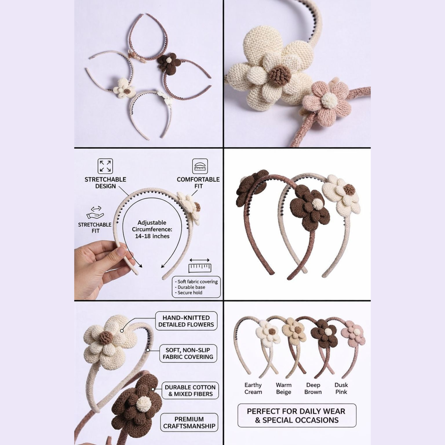 Knitted Flower Hairband for Girls & Women Random Pack of 4