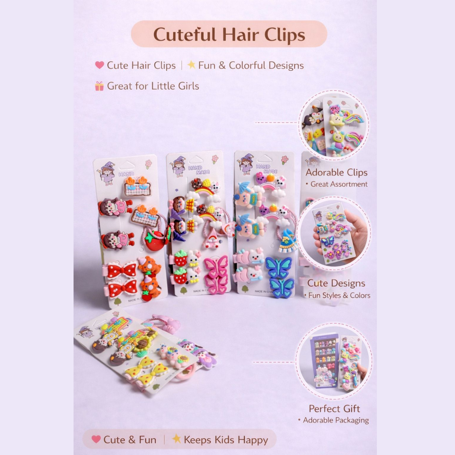 Kids Hair Clips Combo Pack of 6 (Random Design) | Cute Cartoon Hair Clips, Hair Ties & Elastic Bands Set