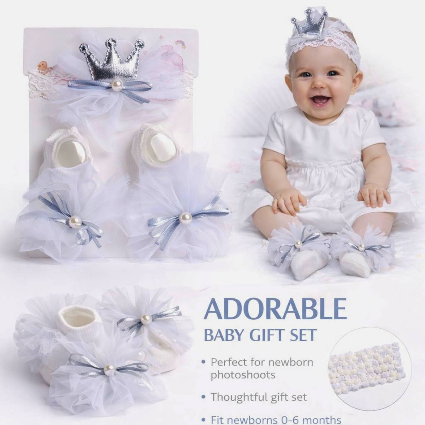 Baby Flower Hairband & Shoes Set (White) for Newborn Baby Girls