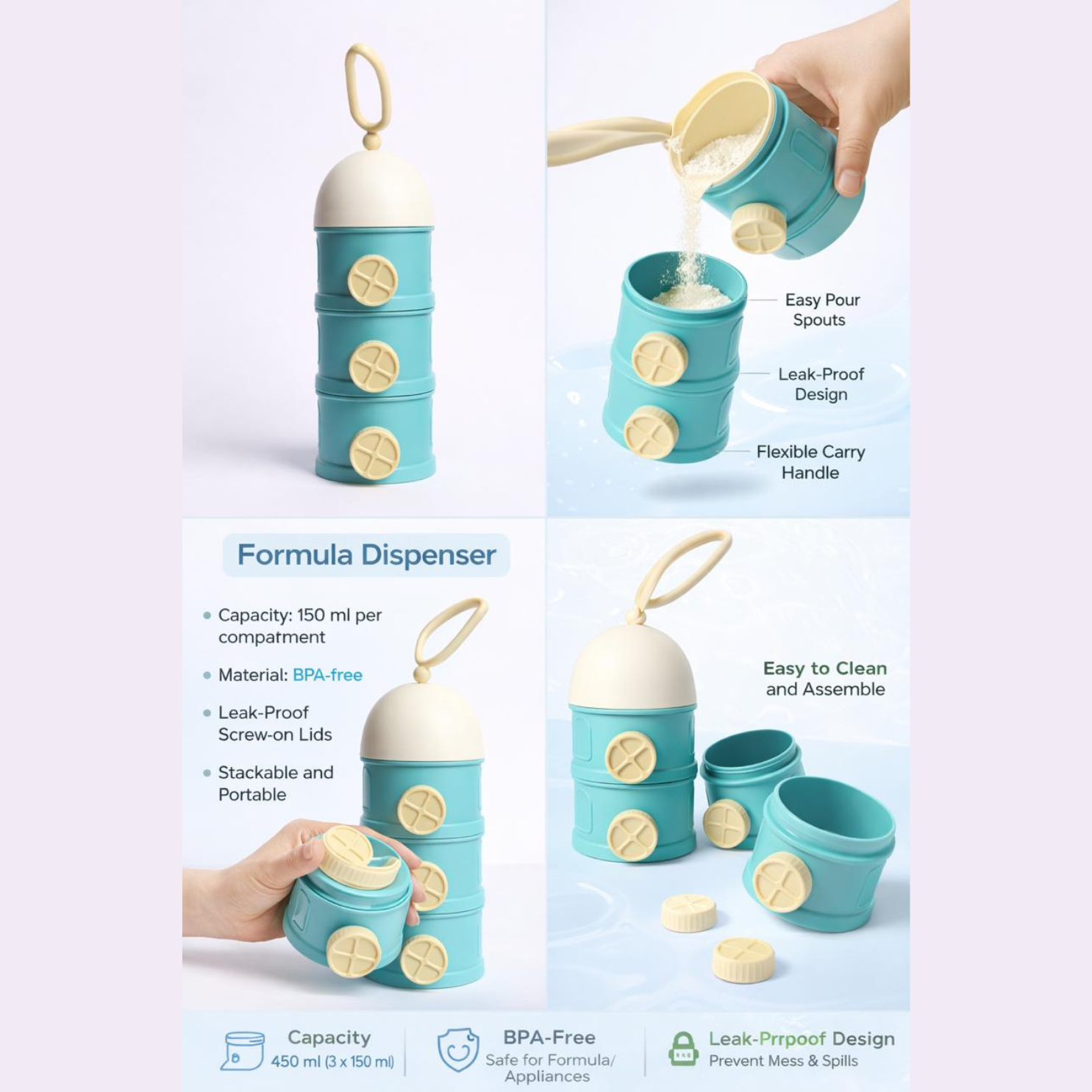450ml Stackable Milk Powder Dispenser for Baby 3-Layer BPA-Free Formula Storage Container Blue & Pink