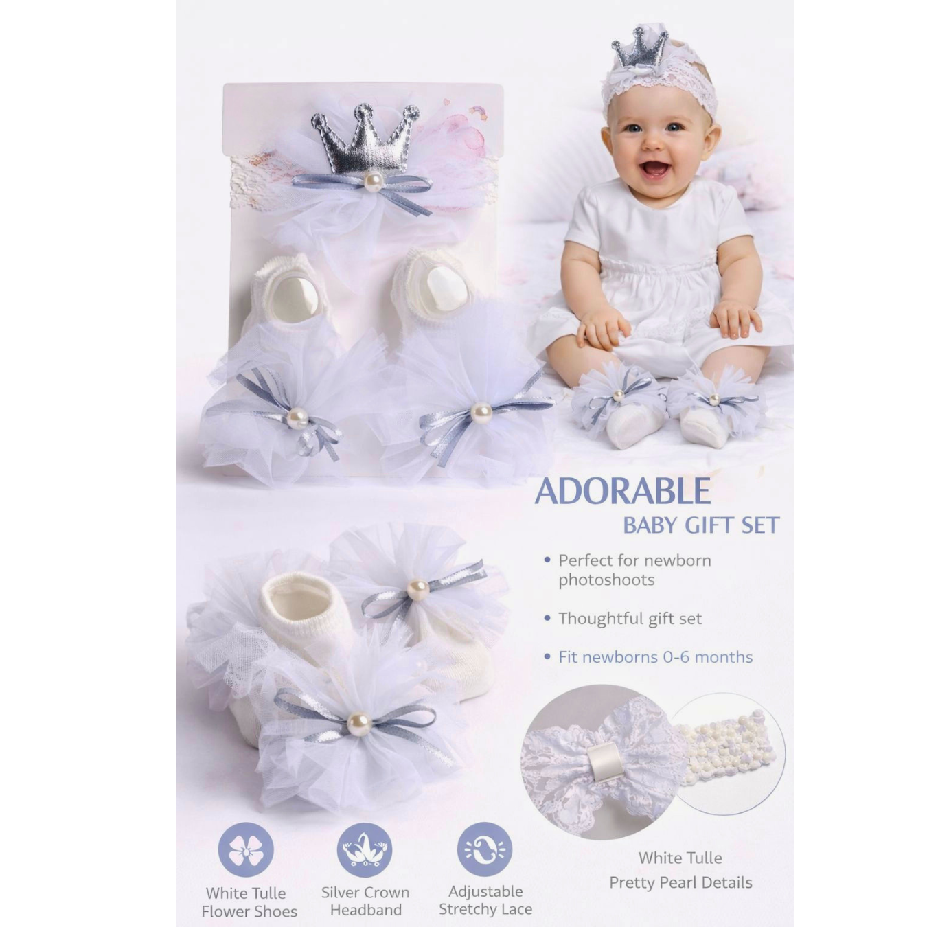 Baby Flower Hairband & Shoes Set (White) for Newborn Baby Girls