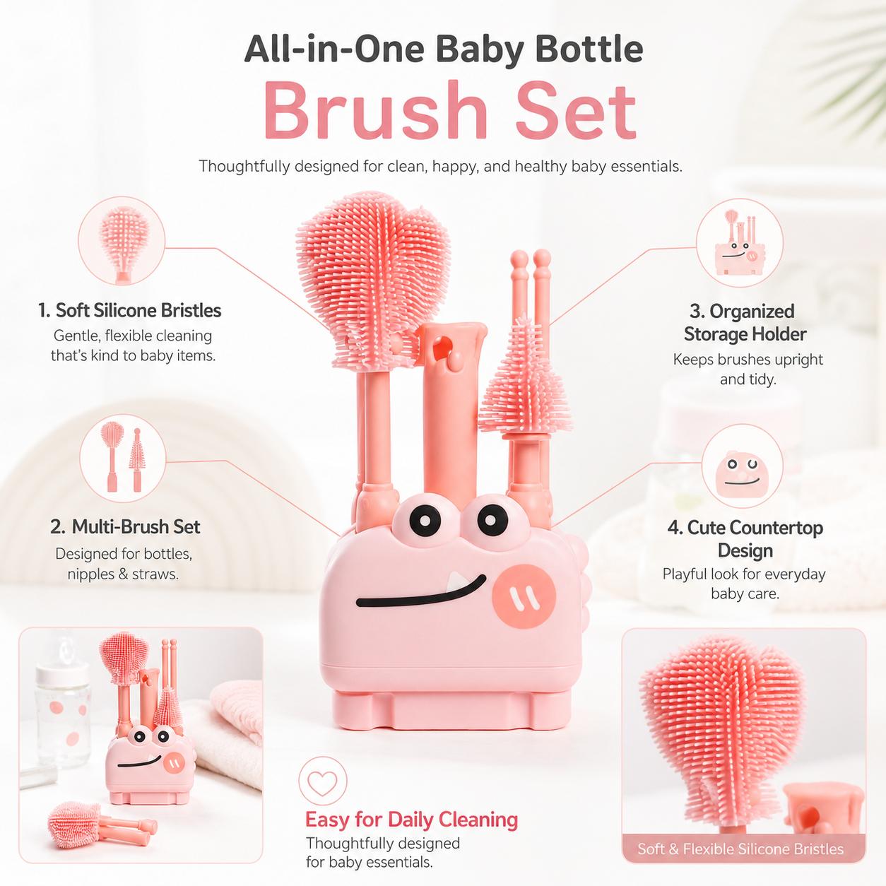 Baby Bottle Cleaning Brush Set with Silicone Bristles & Cute Holder Stand