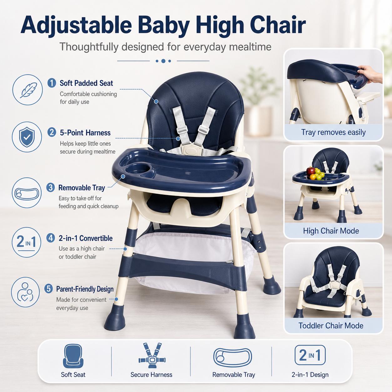 4-in-1 Convertible Baby High Chair with Removable Food Tray & 5-Point Safety Harness
